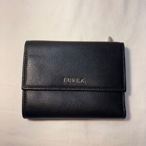 Furla Black Textured Leather Tri Fold Wallet Coin Pocket Card Slots Snap Closure